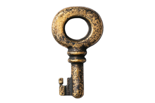Rustic antique brass key with round head and weathered patina, cut out