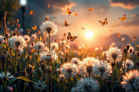 Fototapeta Beautiful sunset scene with dandelions in a field and butterflies fluttering around in the golden light.