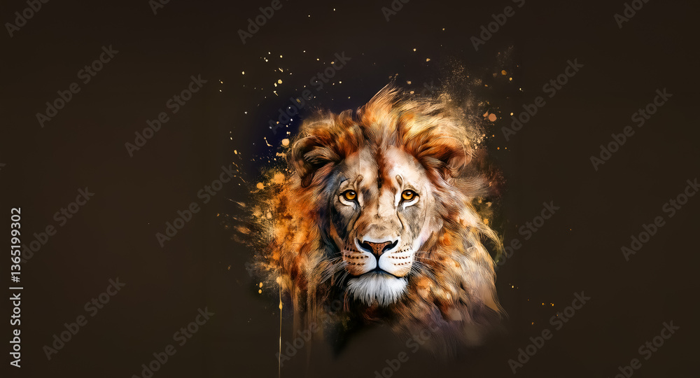 Poster majestic lion with a striking mane is depicted in a painterly style with warm, earthy tones and dyna