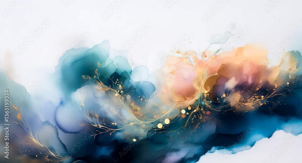 Aufkleber dreamy abstract art with fluid washes of blue, green, and orange hues, accented by delicate gold ele