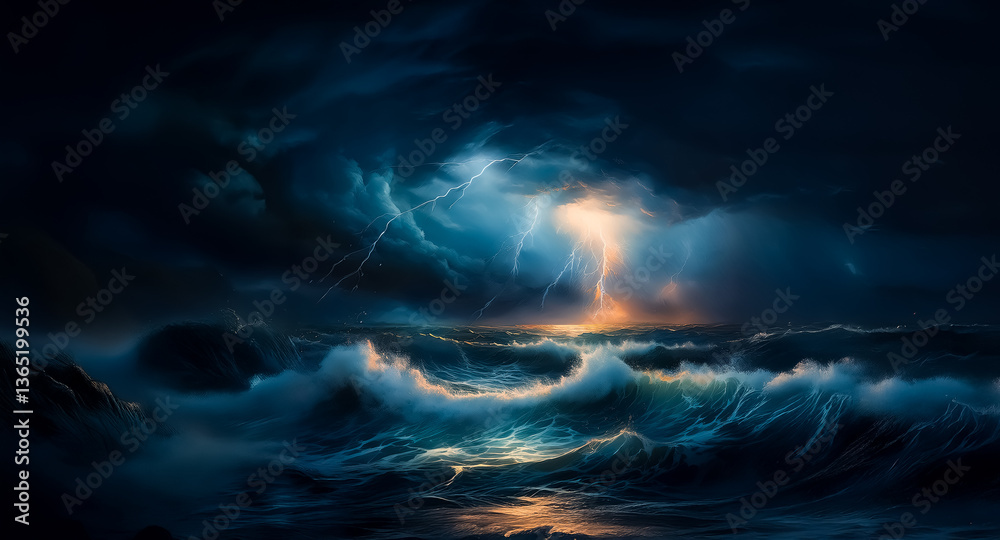 Aufkleber a dramatic and intense seascape depicts a turbulent ocean with large waves under a dark, ominous sky