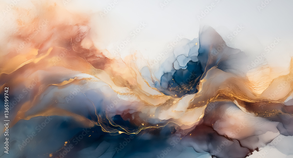 Poster abstract art with flowing blue, gold, and brown hues, resembling smoke or waves. fluid motion and el