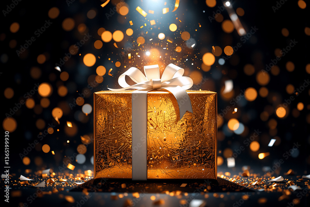 Poster golden gift box tied with white ribbon. confetti and bokeh lights create a festive, celebratory mood