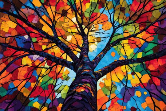 Vibrant autumn tree canopy viewed from below.  A colorful display of leaves in reds, oranges, yellows, and purples, with a dark trunk and a glimpse of blue sky