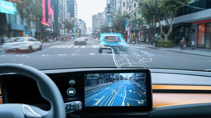 An AI powered augmented reality navigation system, real-time AR directions overlaid on live camera feeds for drivers, Mobility tech style
