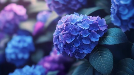 A close-up of a hydrangea bush in full bloom, rich shades of blue and purple, soft natural lighting, photorealistic texture on the leaves and flowers