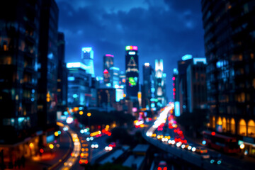 Obraz premium Blurred night cityscape with vibrant lights. Buildings and car lights create a colorful, abstract scene in the dark urban environment.