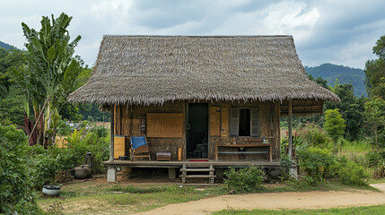 Fototapeta premium small Thai countryside home with woven bamboo roof and lush greenery