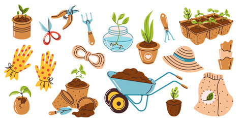Vector set of gardening tools and equipment for spring design: flower pots, work gloves, trolley, fertilizers, garden shovels. Gardening and agriculture