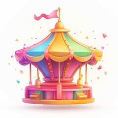 Colorful Cartoon Carousel Illustration Festive Fairground Ride Amusement Park 3D Render