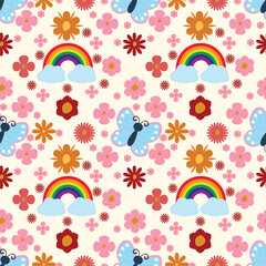 Fototapeta premium Seamless pattern with pastel butterflies, rainbows, and floral elements on a soft beige background. Ideal for wrapping paper, textiles, children’s designs, and cheerful decorations