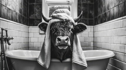 A comical scene with a cow relaxing in a bathtub, complete with a towel, blending humor with an unexpected take on animal behavior in a domestic setting.