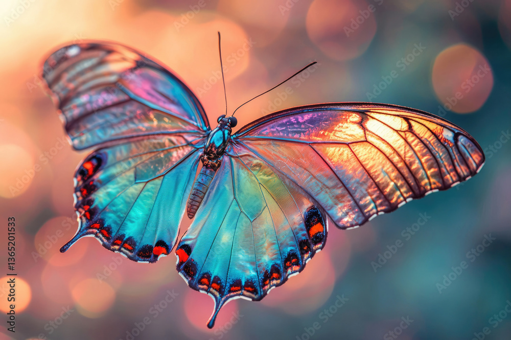 Poster a vibrant iridescent butterfly with translucent wings, showcasing exquisite detail and a bokeh backg