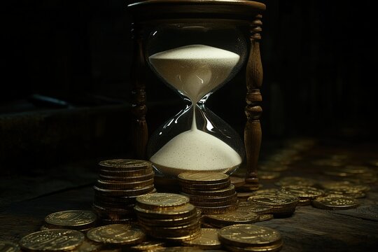 An hourglass with sand flowing, sitting on top of stacks of coins, symbolizing the concept that time is money. The background should be dark to emphasize and highlight these elements. - Powered by Adobe