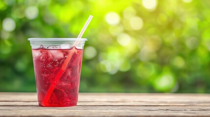 Refreshing Iced Red Fruit Drink in Plastic Cup Outdoors on Wooden Table