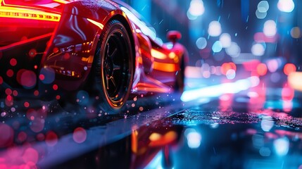 The back of a red sports super sports car close up on the street at night with bokeh fires in the background