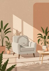 Warm sunlight streams through window illuminating cozy armchair and lush potted plants in minimalist room. AI Generated
