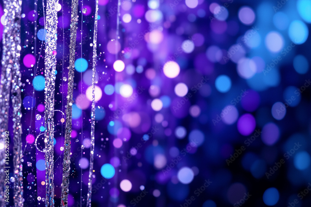 Poster sparkly silver strands hang vertically on the left side. a defocused background of purple and blue b