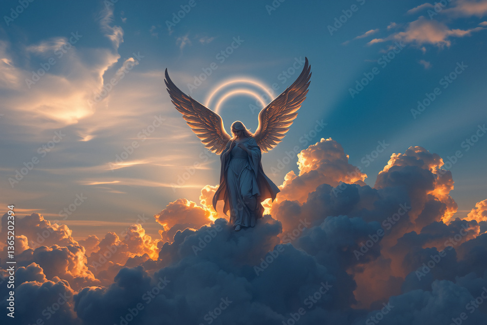 Poster an angelic figure with large wings stands amidst fluffy clouds under a vibrant sky, illuminated by a