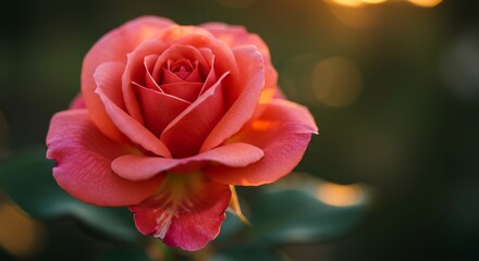 Obraz premium Soft light illuminates a delicate coral rose close up. AI Generated
