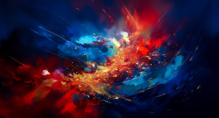 Vibrant abstract painting featuring a dynamic explosion of colors and light. Bold brushstrokes blend red, blue, and orange hues in an energetic artistic display.