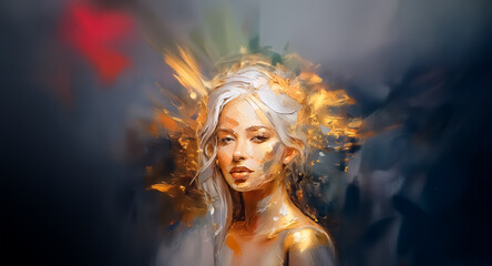 Ethereal portrait of a woman with white hair and golden accents. Abstract, painterly style against a dark, colorful backdrop.
