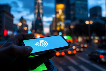 Hand holding a smartphone with a white logo on screen, against blurred city lights and tall buildings at night. Urban scene with technology focus.