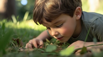 Little cute white focused boy kid child lying on his stomach in the green grass and carefully examining some small bug. Blurred nature background