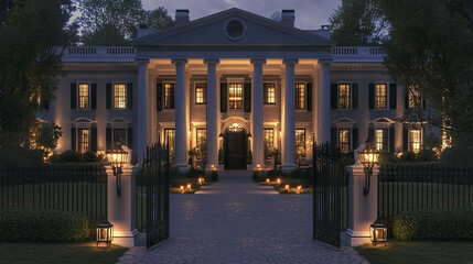 stately Federal style mansion with fluted white columns at night