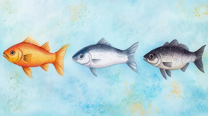 Naklejka premium Beautiful collection of three watercolor fish illustrating the catch of the day with artistic flair and vibrant colors