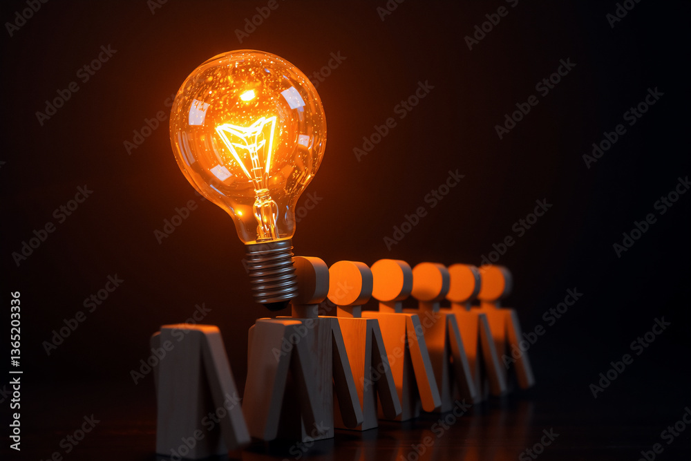 Poster a bright light bulb illuminates a row of wooden figures against a dark backdrop, symbolizing innovat