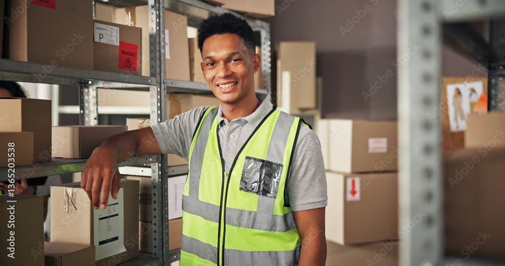 Poster supply chain, man and smile with portrait for delivery, distribution or quality control for ecommerc