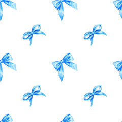 Vintage-inspired watercolor blue bow pattern with elegant ribbons for festive and decorative surfaces.