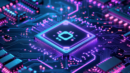 Obraz premium Close-Up of Futuristic Central Processing Unit with Neon Glow and Golden Trim on Circuit Board