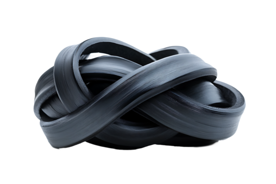 A tangled mass of dark rubber strips intertwined against a stark black background in a studio shot - Powered by Adobe