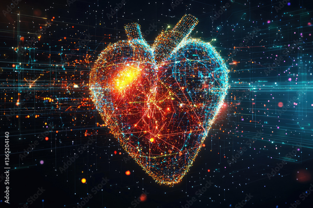 Aufkleber a digital rendering of a human heart, depicted as a network of interconnected nodes and lines, symbo