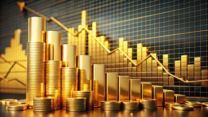 A high-fidelity 3D rende depicts a dramatic decline in gold stock prices shown with falling gold bars and coins alongside a ly decreasing financial growth diagram.