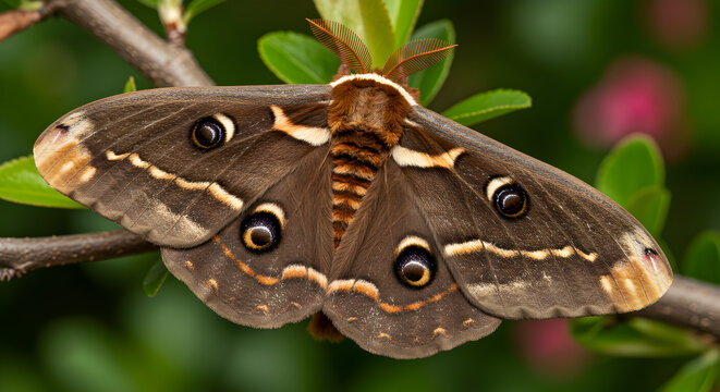 Magnificent promethea moth resting on a branch with captivating wing patterns