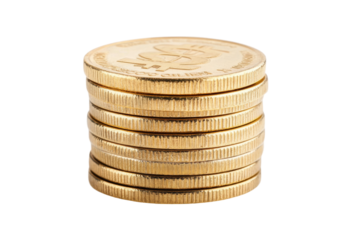 Stack of shiny gold bitcoin coins on black background in high detail, cut out