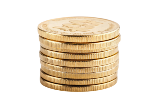 Stack of shiny gold bitcoin coins on black background in high detail, cut out - Powered by Adobe