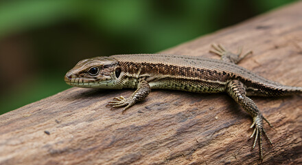 Naklejka premium European Wall Lizard Resting on Weathered Log amidst a Natural Green Setting