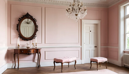 Elegant Room Interior with Pink Walls and Classic Furniture Arrangement