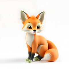 Fototapeta premium Fox – 3D baby fox, chubby body, big fluffy tail, light orange and pastel green tones, white background Generative AI