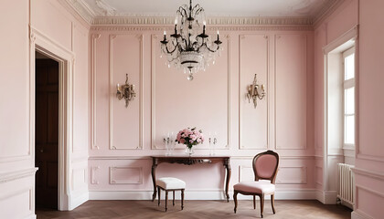 Elegant Room Interior with Pink Walls and Classic Furniture Arrangement