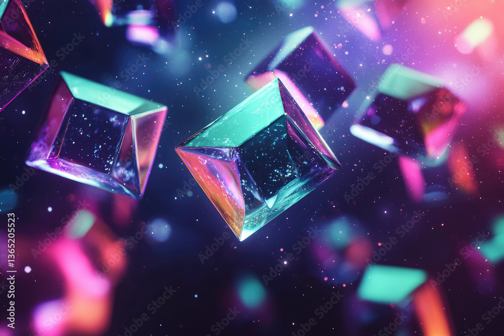 Poster Vibrant, iridescent cubes float in a dark, sparkling space, creating a futuristic and dreamy aesthetic.