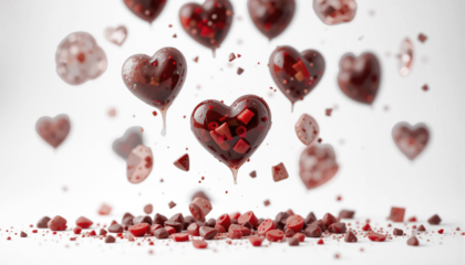 Falling chocolate hearts isolated on transparent background. 