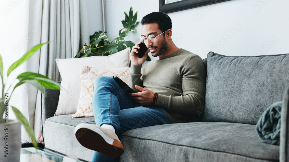 Poster phone call, talking and man on sofa on tablet for communication, social networking and chatting. liv