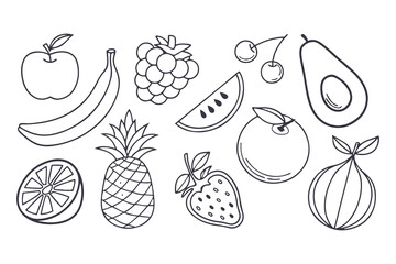 Black-and-white digital line art illustration of fruits in a clean, minimal style. Perfect for coloring pages, educational materials, or fruit-themed vector icon sets.