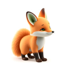 Obraz premium Fox – 3D baby fox, chubby body, big fluffy tail, light orange and pastel green tones, white background. Generative AI