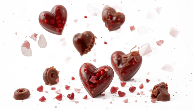 Falling chocolate hearts isolated on transparent background. 